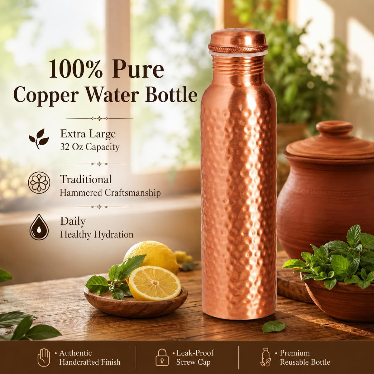 Copper Water Bottle, Pure Copper Drinking Bottle 32 Oz, Hammered, Ayurvedic