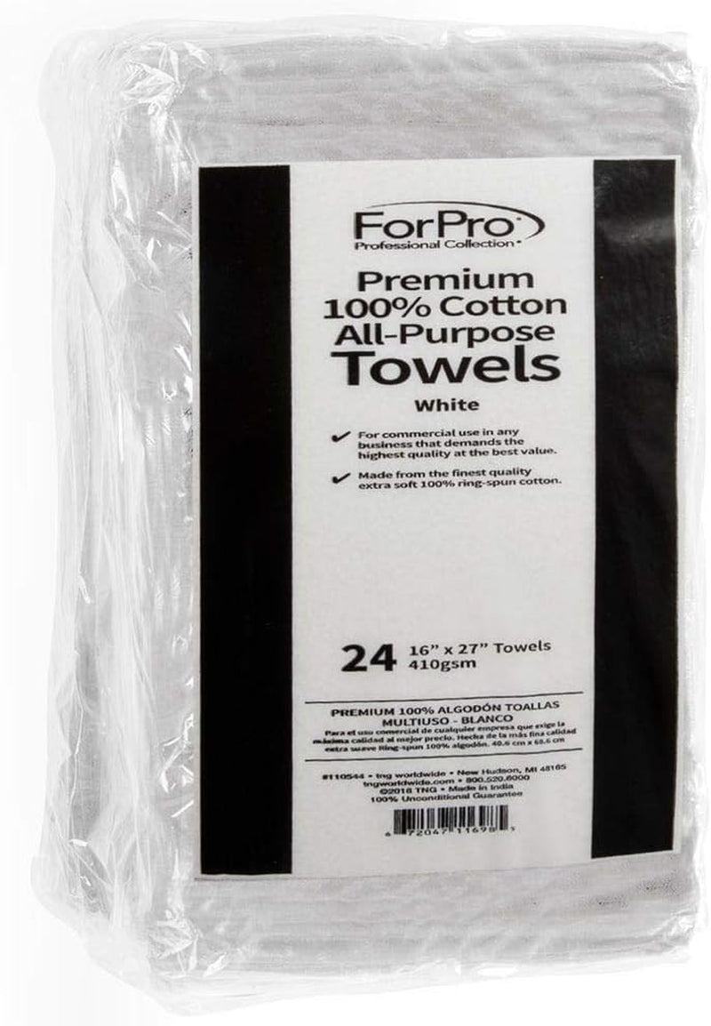 Forpro Premium 100% Cotton All-Purpose Towels, White, Extra Soft Multi-Purpose Salon, Spa, Hotel, and Gym Towel, 16” W X 27” L, 24-Count